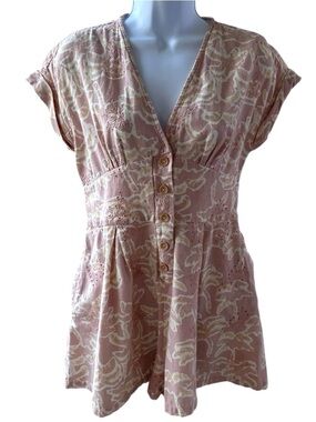 Zara Eyelet Romper Short Sleeve Pink Cream Tropical Summer Embroidered Small